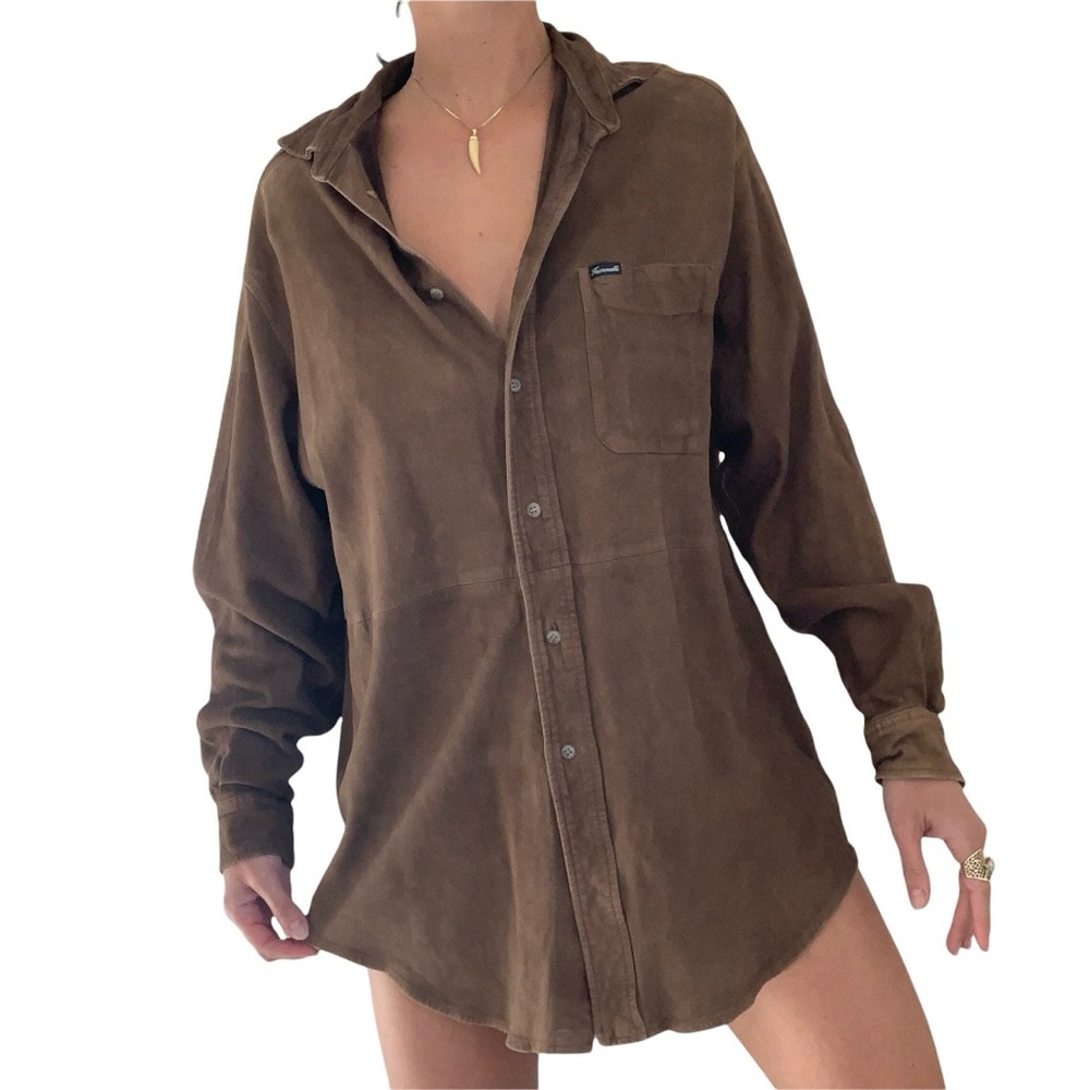 Vintage FACONNABLE Brown Suede Leather Long Sleeved Button Down Shirt - Size L